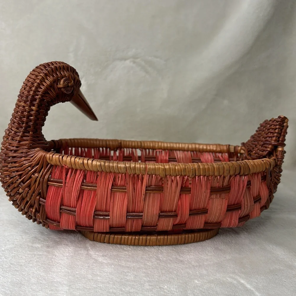 Vintage Woven Wicker Duck Basket Pink and Brown with Wood Bill Key Holder Shelf